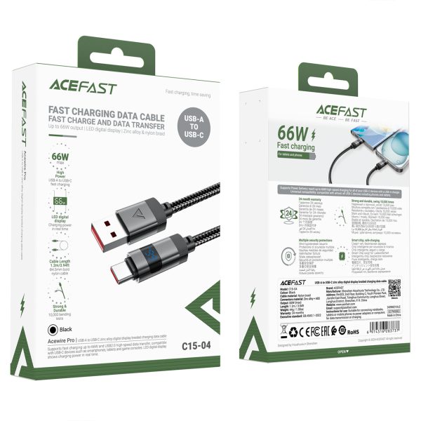 Kabelis USB-A - USB-C ar displeju 480Mb/s 66W 1.2m - melns