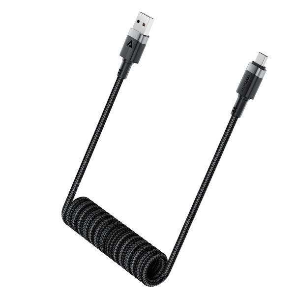 Spirālveida kabelis USB-A - USB-C 480Mb/s 3A 1.2m - melns