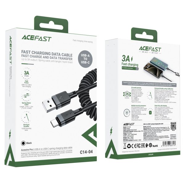 Spirālveida kabelis USB-A - USB-C 480Mb/s 3A 1.2m - melns