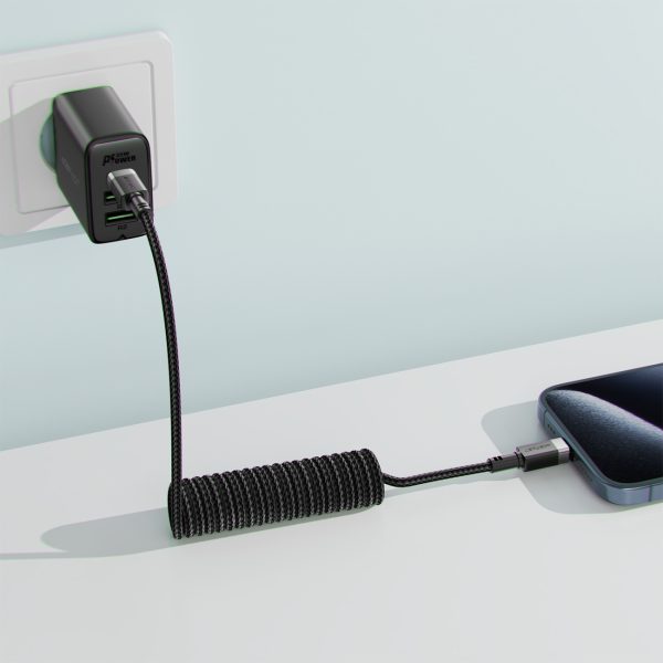 USB-C spirālveida kabelis - USB-C 480Mb/s 3A 1.2m - melns