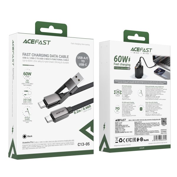 Kabelis USB-C - USB-A / USB-C 480Mb/s 3A 0.2m - melns