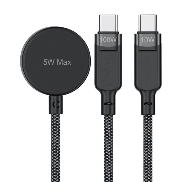 3in1 kabelis USB-C - 2x USB-C / Apple Watch Qi lādētājs 480Mb/s 100W 1.2m - melns