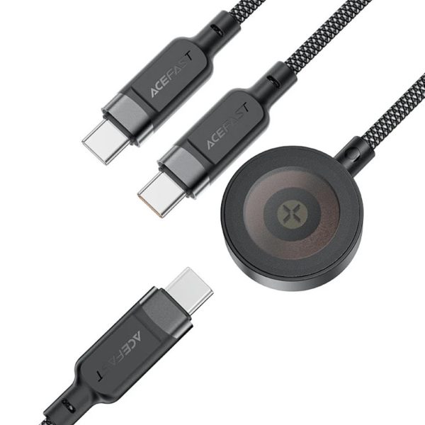 3in1 kabelis USB-C - 2x USB-C / Apple Watch Qi lādētājs 480Mb/s 100W 1.2m - melns