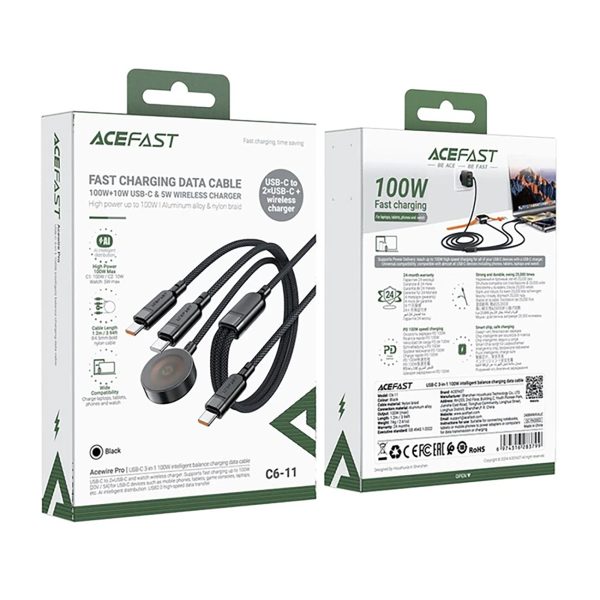 3in1 kabelis USB-C - 2x USB-C / Apple Watch Qi lādētājs 480Mb/s 100W 1.2m - melns