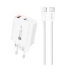 20 W USB-A USB-C sienas lādētājs ar 1 m USB-C kabeli - balts