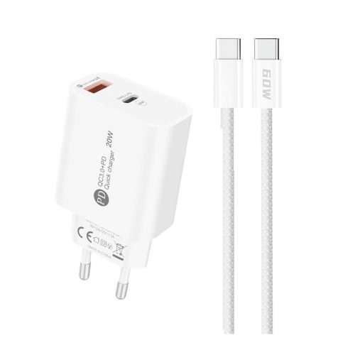 20 W USB-A USB-C sienas lādētājs ar 1 m USB-C kabeli - balts