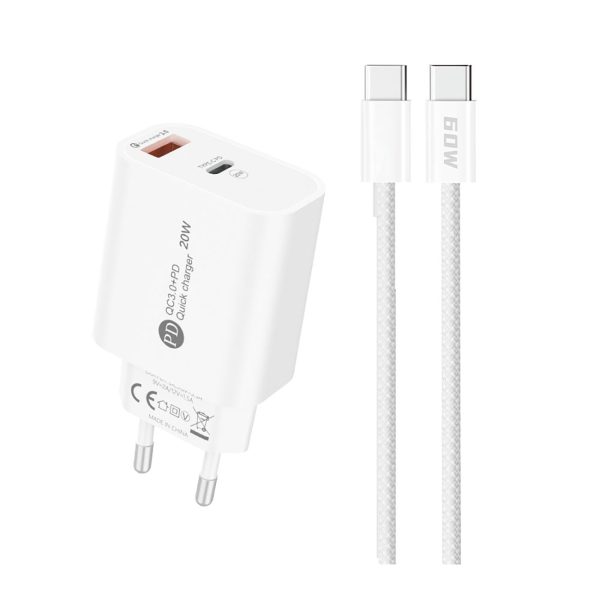 20 W USB-A USB-C sienas lādētājs ar 1 m USB-C kabeli - balts