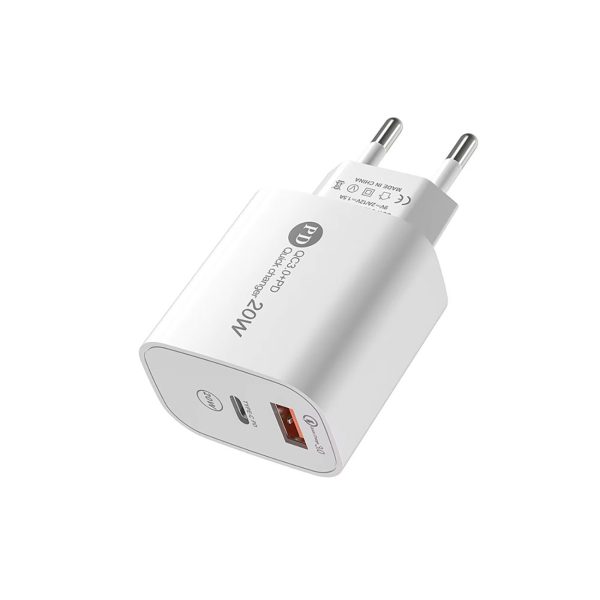 20 W USB-A USB-C sienas lādētājs ar 1 m USB-C kabeli - balts