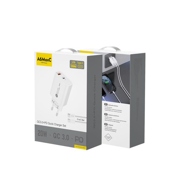 20 W USB-A USB-C sienas lādētājs ar 1 m USB-C kabeli - balts