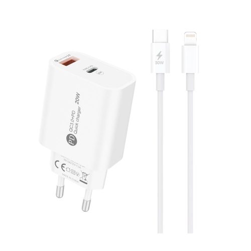 20 W USB-A USB-C sienas lādētājs ar 1 m USB-C kabeli — iPhone Lightning — balts