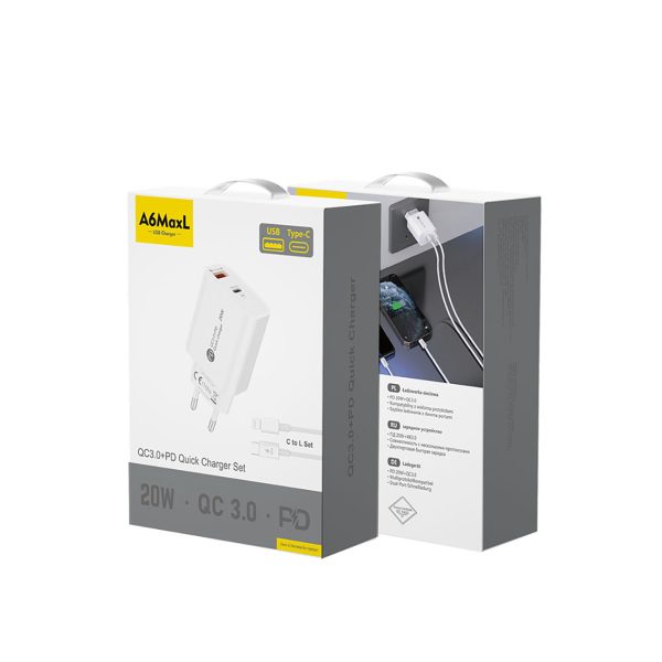 20 W USB-A USB-C sienas lādētājs ar 1 m USB-C kabeli — iPhone Lightning — balts