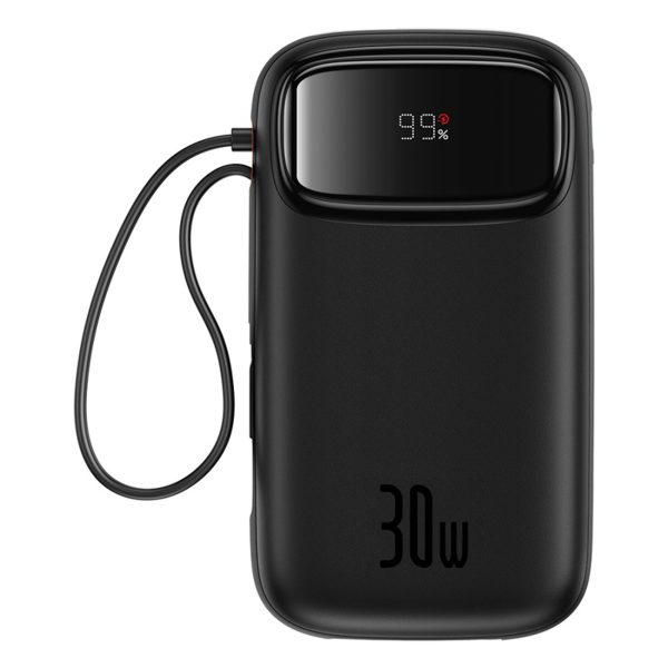 Powerbank QPow 2 20000mAh 30W ar 2 iebūvētiem USB-C kabeļiem - melns