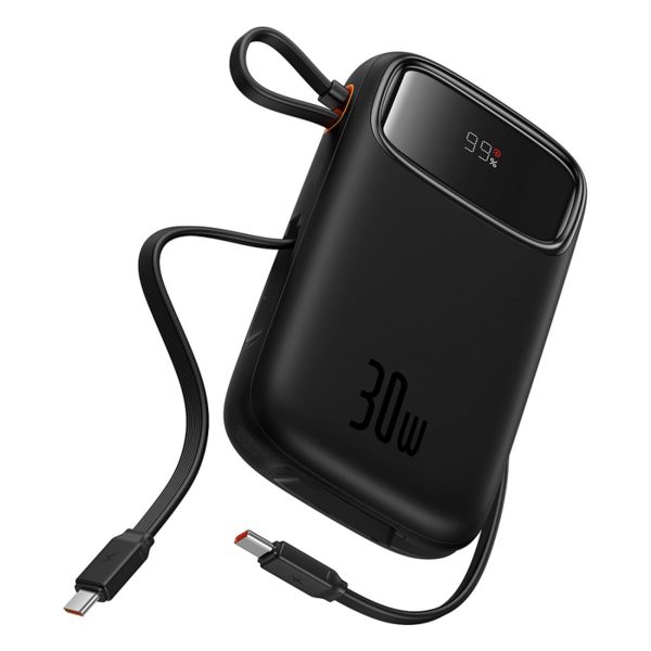 Powerbank QPow 2 20000mAh 30W ar 2 iebūvētiem USB-C kabeļiem - melns