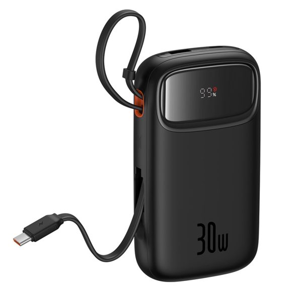 Powerbank QPow 2 20000mAh 30W ar 2 iebūvētiem USB-C kabeļiem - melns