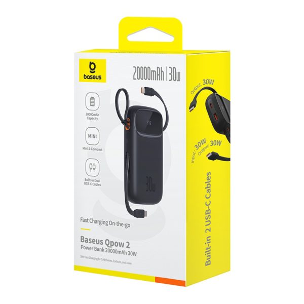 Powerbank QPow 2 20000mAh 30W ar 2 iebūvētiem USB-C kabeļiem - melns