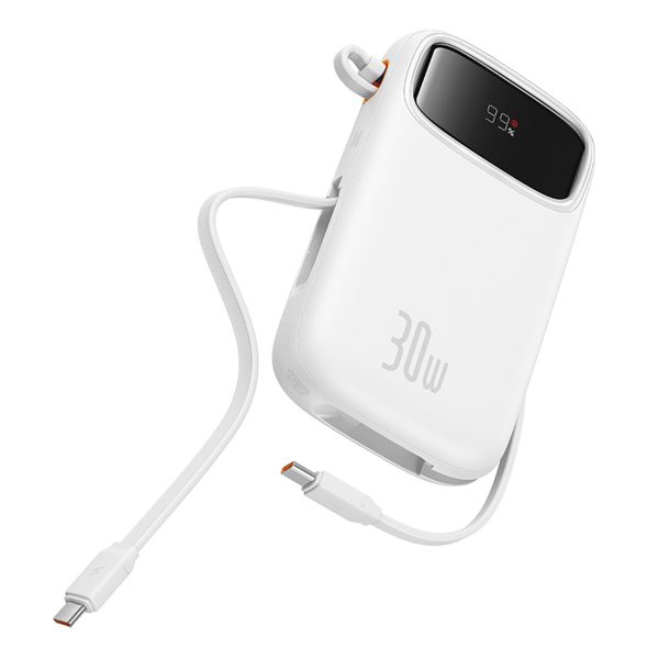 QPow 2 20000mAh 30W Powerbank ar 2 iebūvētiem USB-C kabeļiem - balts