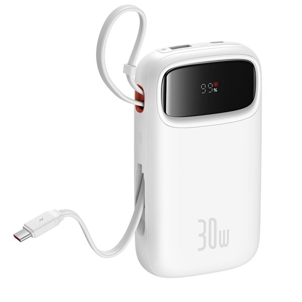 QPow 2 20000mAh 30W Powerbank ar 2 iebūvētiem USB-C kabeļiem - balts