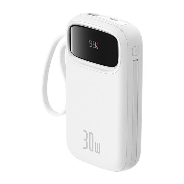 QPow 2 20000mAh 30W Powerbank ar 2 iebūvētiem USB-C kabeļiem - balts