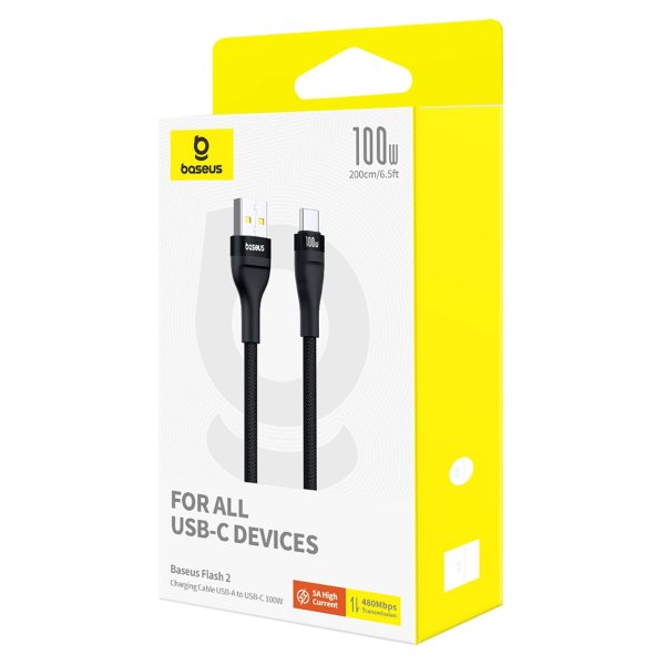 Flash 2 USB-A - USB-C 100W 1m izturīgs kabelis - melns