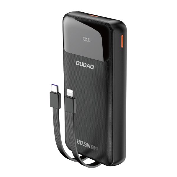Powerbank 20000mAh ar iebūvētiem kabeļiem iPhone Lightning USB-C USB-A 22.5W PD - melns