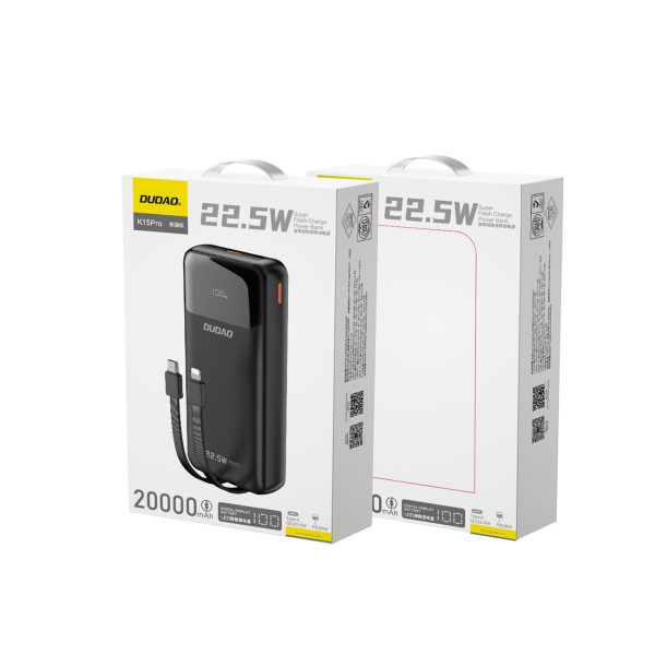 Powerbank 20000mAh ar iebūvētiem kabeļiem iPhone Lightning USB-C USB-A 22.5W PD - melns