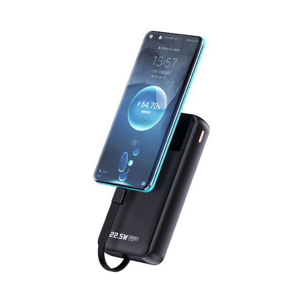 Powerbank 20000mAh ar iebūvētiem kabeļiem iPhone Lightning USB-C USB-A 22.5W PD - melns