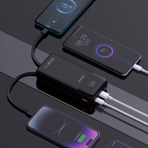 Powerbank 20000mAh ar iebūvētiem kabeļiem iPhone Lightning USB-C USB-A 22.5W PD - melns