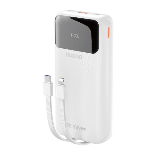 Powerbank 20000mAh ar iebūvētiem kabeļiem iPhone Lightning USB-C USB-A 22.5W PD - balts