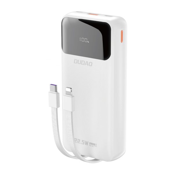 Powerbank 20000mAh ar iebūvētiem kabeļiem iPhone Lightning USB-C USB-A 22.5W PD - balts