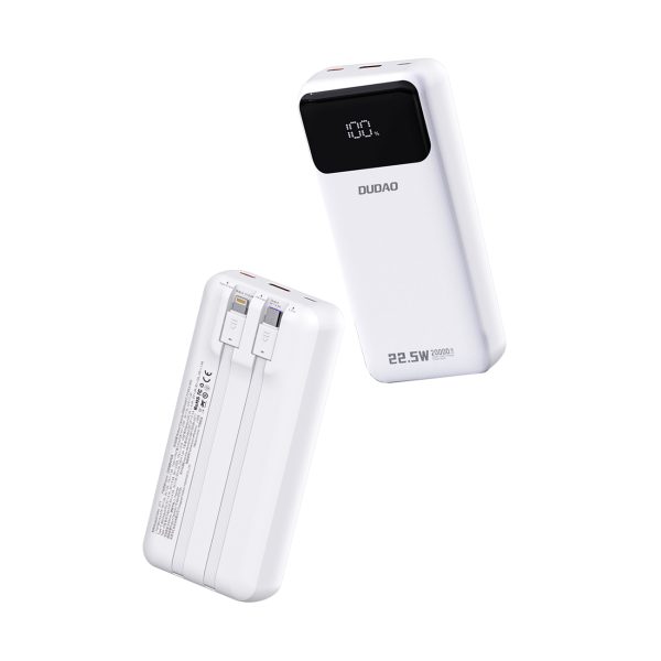 Powerbank 20000mAh ar iebūvētiem kabeļiem iPhone Lightning USB-C USB-A 22.5W PD - balts