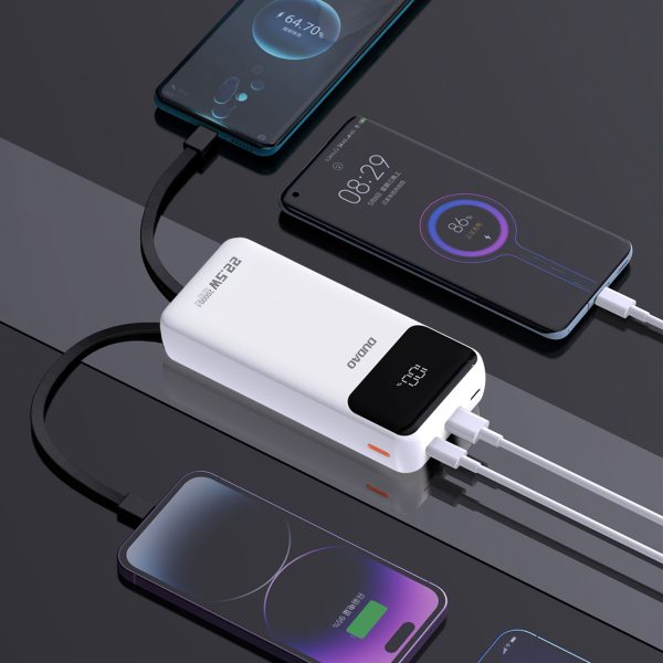Powerbank 20000mAh ar iebūvētiem kabeļiem iPhone Lightning USB-C USB-A 22.5W PD - balts