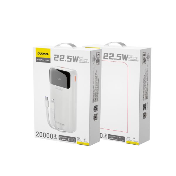 Powerbank 20000mAh ar iebūvētiem kabeļiem iPhone Lightning USB-C USB-A 22.5W PD - balts