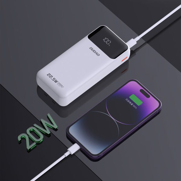 Powerbank 20000mAh ar iebūvētiem kabeļiem iPhone Lightning USB-C USB-A 22.5W PD - balts