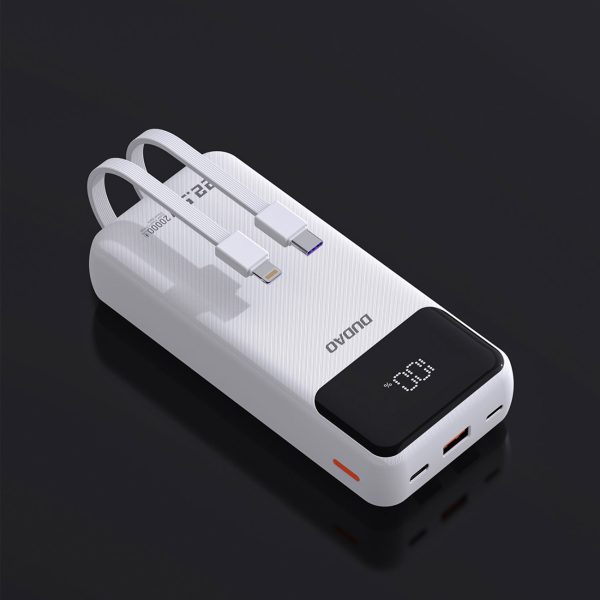 Powerbank 20000mAh ar iebūvētiem kabeļiem iPhone Lightning USB-C USB-A 22.5W PD - balts