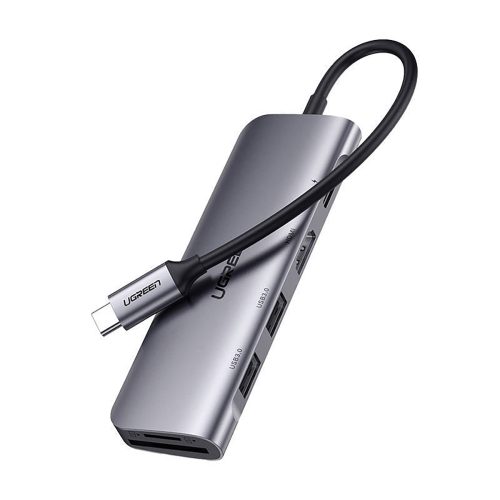 6in1 centrmezgla adapteris USB-C - HDMI USB-A USB-C PD SD TF lasītājs - pelēks