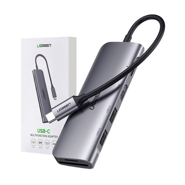 6in1 centrmezgla adapteris USB-C - HDMI USB-A USB-C PD SD TF lasītājs - pelēks