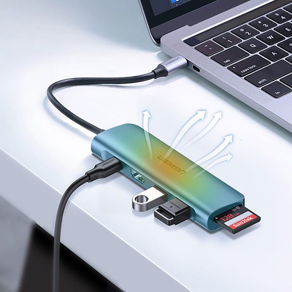 6in1 centrmezgla adapteris USB-C - HDMI USB-A USB-C PD SD TF lasītājs - pelēks
