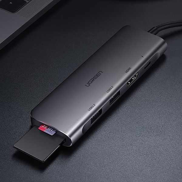 6in1 centrmezgla adapteris USB-C - HDMI USB-A USB-C PD SD TF lasītājs - pelēks
