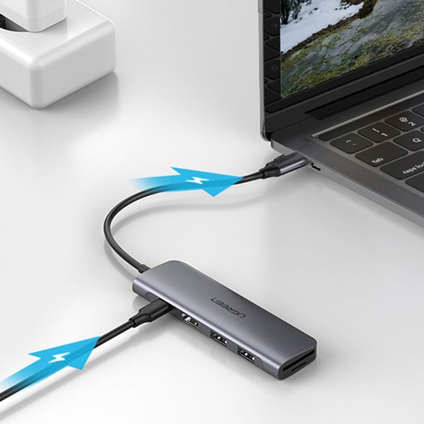 6in1 centrmezgla adapteris USB-C - HDMI USB-A USB-C PD SD TF lasītājs - pelēks