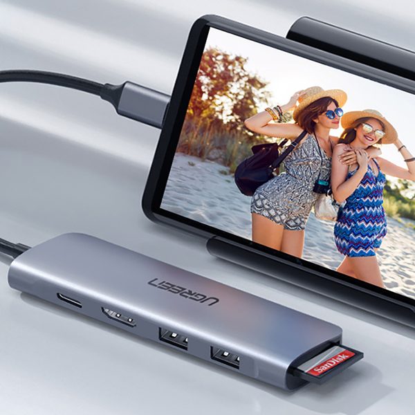 6in1 centrmezgla adapteris USB-C - HDMI USB-A USB-C PD SD TF lasītājs - pelēks