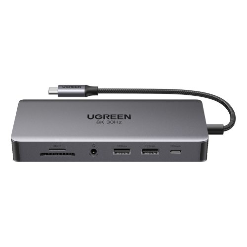 13in1 centrmezgla adapteris USB-C - USB-A / USB-C / HDMI / DisplayPort / RJ45 / SD TF / AUX / USB-C PD - pelēks