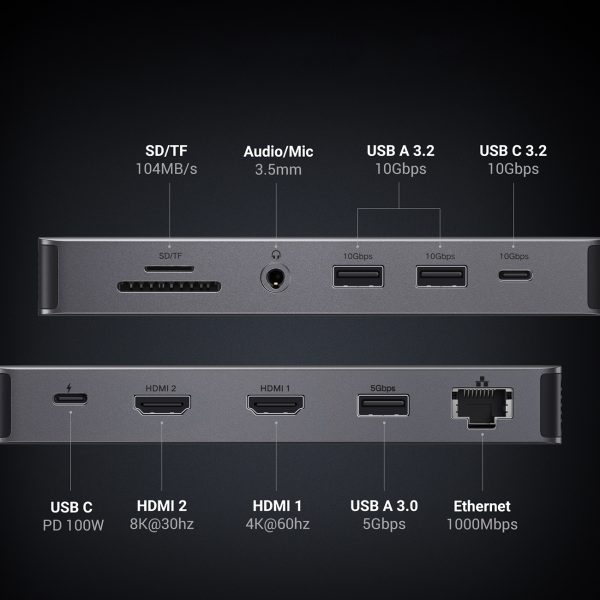 13in1 centrmezgla adapteris USB-C - USB-A / USB-C / HDMI / DisplayPort / RJ45 / SD TF / AUX / USB-C PD - pelēks