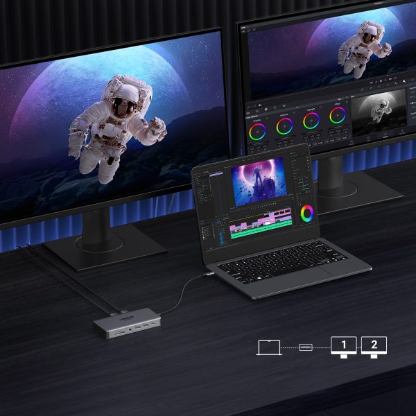 13in1 centrmezgla adapteris USB-C - USB-A / USB-C / HDMI / DisplayPort / RJ45 / SD TF / AUX / USB-C PD - pelēks