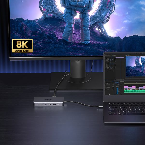 13in1 centrmezgla adapteris USB-C - USB-A / USB-C / HDMI / DisplayPort / RJ45 / SD TF / AUX / USB-C PD - pelēks