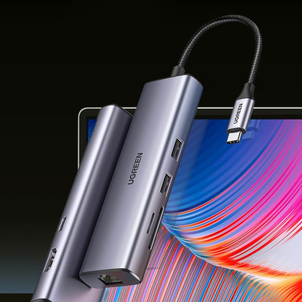 USB-C centrmezgla adapteris - USB-A / HDMI / RJ45 / SD un TF karšu lasītājs / USB-C PD 100W - pelēks