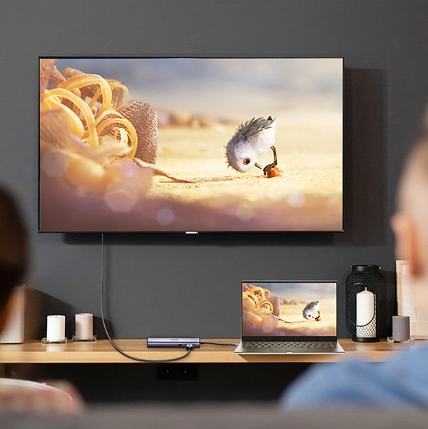 USB-C centrmezgla adapteris - USB-A / HDMI / RJ45 / SD un TF karšu lasītājs / USB-C PD 100W - pelēks
