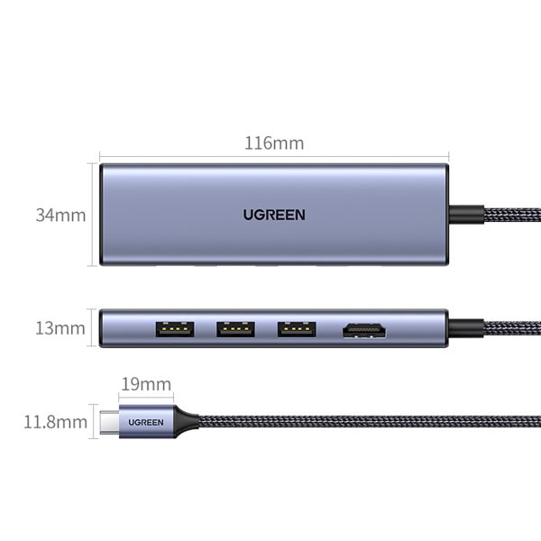 6in1 centrmezgla adapteris USB-C - HDMI / USB-A / SD TF karšu lasītājs - pelēks