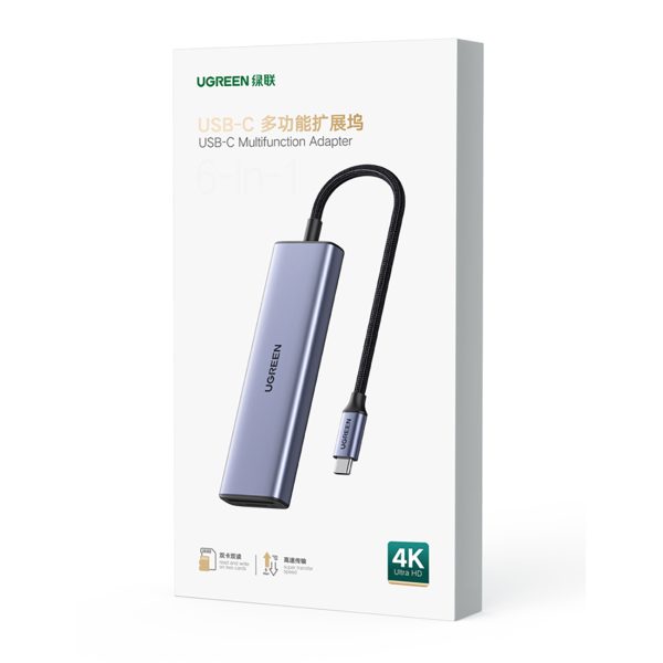 6in1 centrmezgla adapteris USB-C - HDMI / USB-A / SD TF karšu lasītājs - pelēks