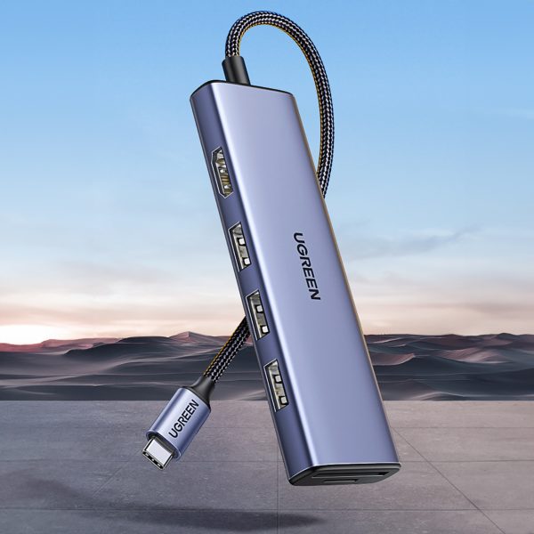 6in1 centrmezgla adapteris USB-C - HDMI / USB-A / SD TF karšu lasītājs - pelēks