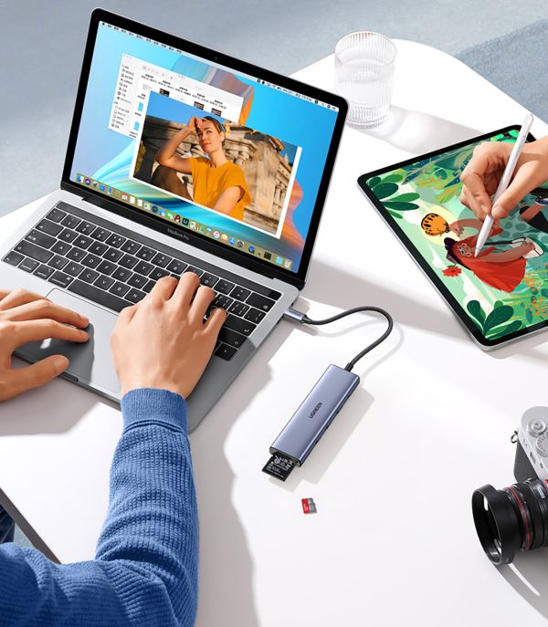 6in1 centrmezgla adapteris USB-C - HDMI / USB-A / SD TF karšu lasītājs - pelēks